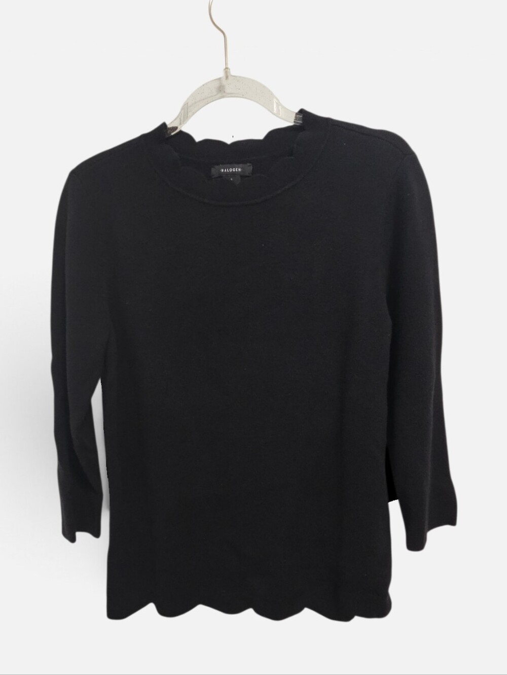 Halogen Black Scalloped Trim Sweater 3/4 Sleeve Crewneck Top Sz Small Petite